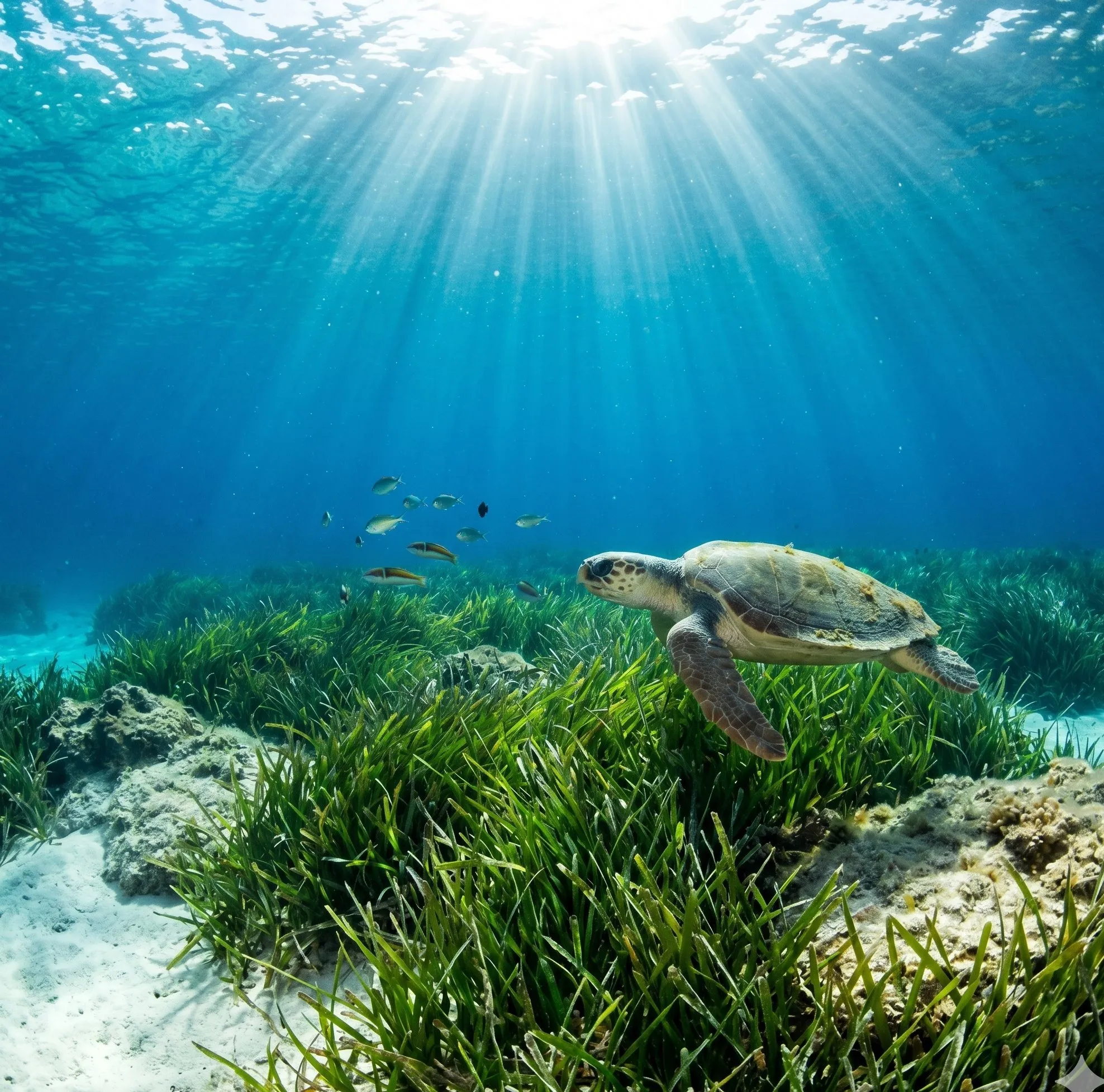 Pradera de Posidonia con una tortuga